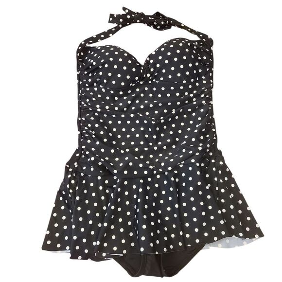 ROSE MARIE REID Swimsuit One-Piece Retro Halter Polka Dot‎ Shirred Skirt Sz M - Picture 1 of 12
